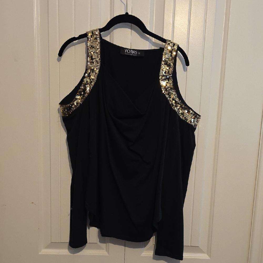 YOINS Black Top with Gold Sequin Straps